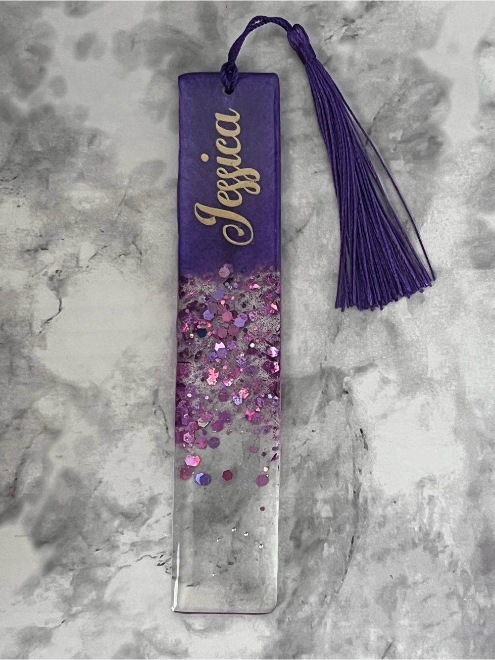 Personalized Purple Resin Bookmark with Tassel - Custom Name